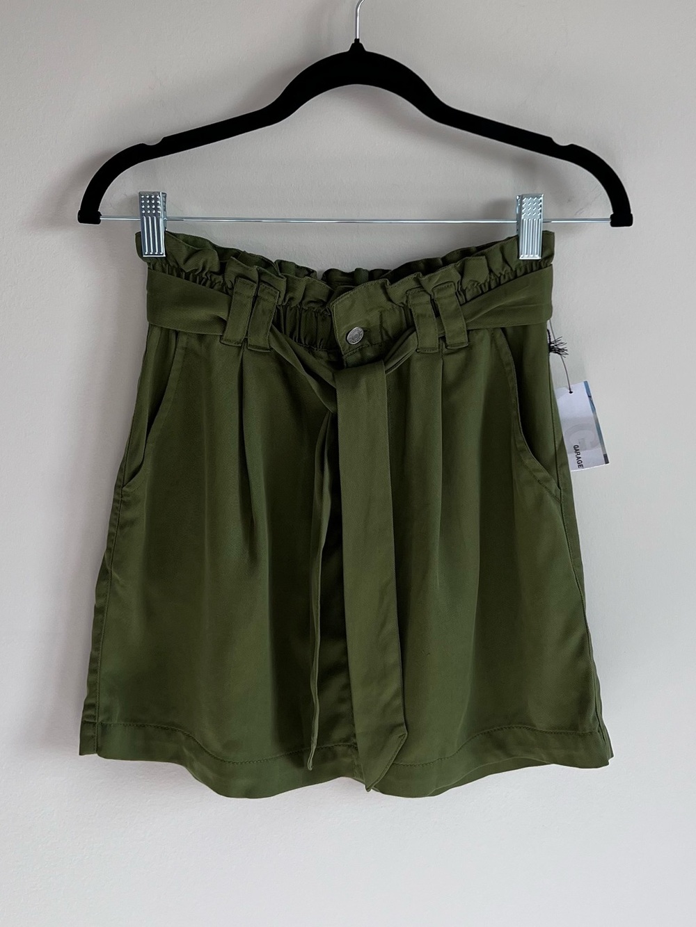 NWT Garage Olive Green Paperbag Skirt with Tie Belt